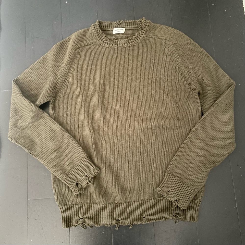 *unisex* Saint Laurent Army Green Distressed Crewneck Sweater